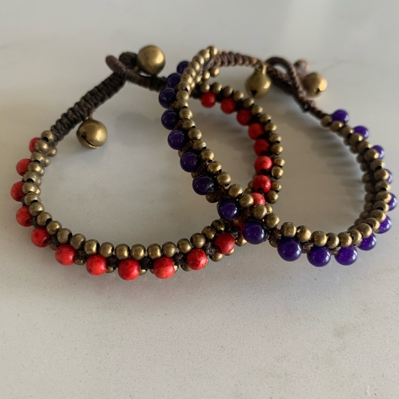 4 / 20 $ SALE Set Two beaded and brass bracelets with bells 7.5 inches - Picture 2 of 3